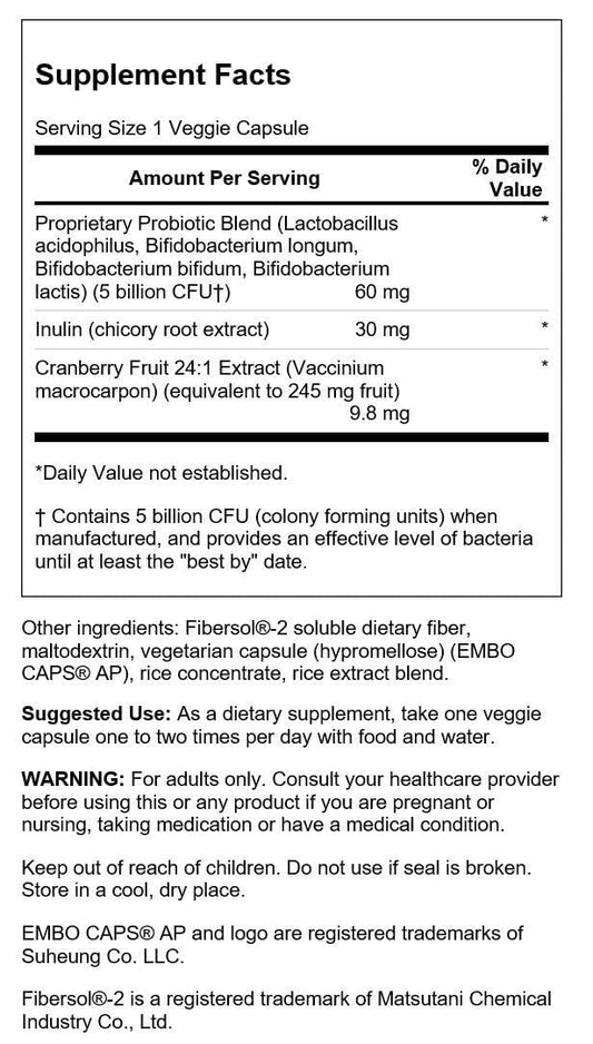 Swanson Cranberry Probiotic 60 Veg Capsules bottle - label close-up