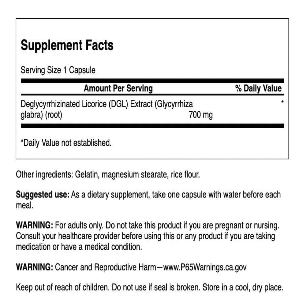 Close-up of Swanson DGL Licorice 750 mg capsules