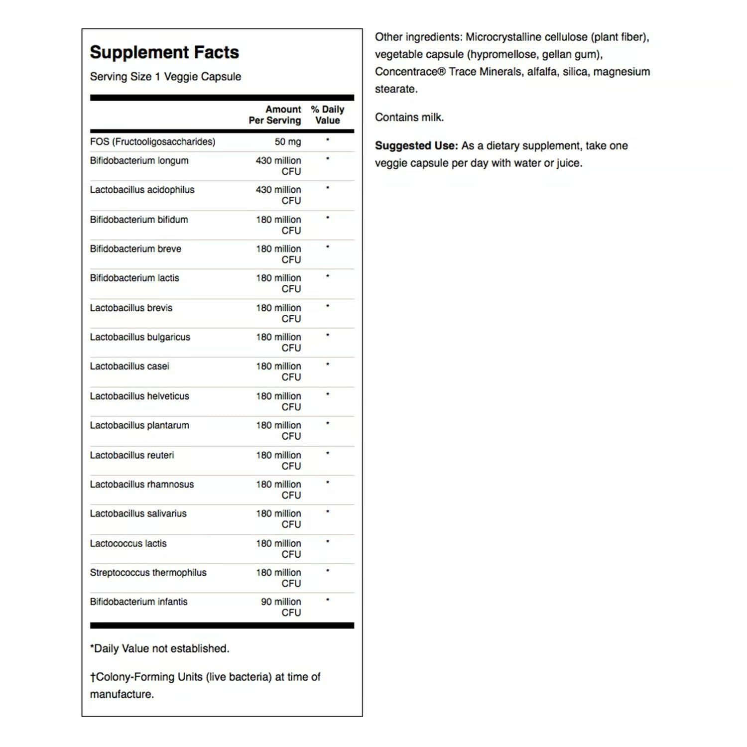 Front label highlighting 16 probiotic strains and prebiotic FOS