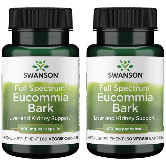 Swanson Full Spectrum Eucommia Bark 400 mg vegan capsule bottle - front view