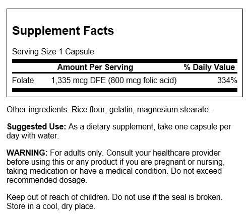 Close-up of Swanson Folic Acid 800 mcg bottle and label