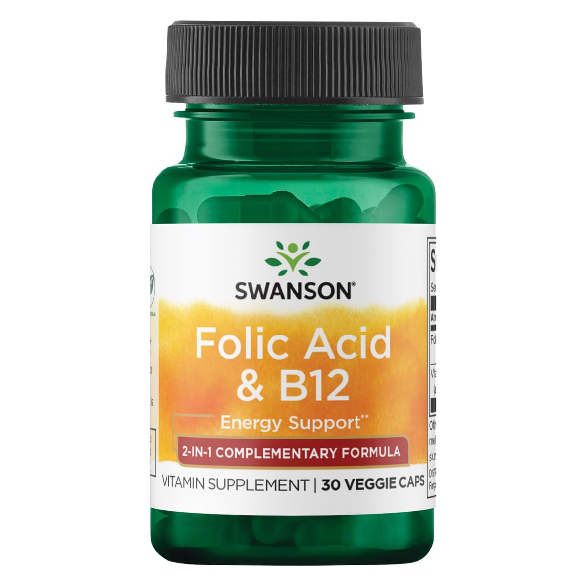 Bottle of Swanson Folic Acid & Vitamin B-12 30 Veg Capsules