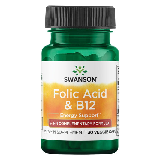 Bottle of Swanson Folic Acid & Vitamin B-12 30 Veg Capsules