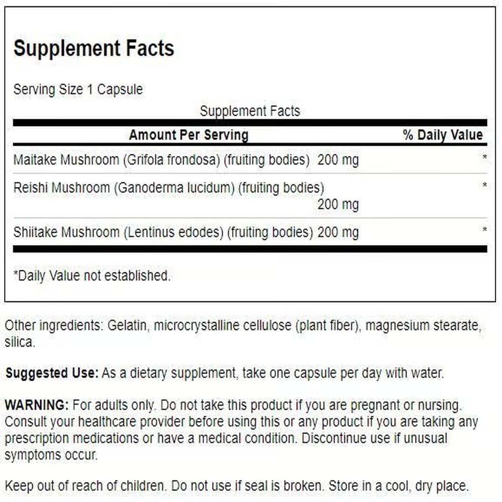Back view of Swanson Triple Mushroom Complex with supplement facts