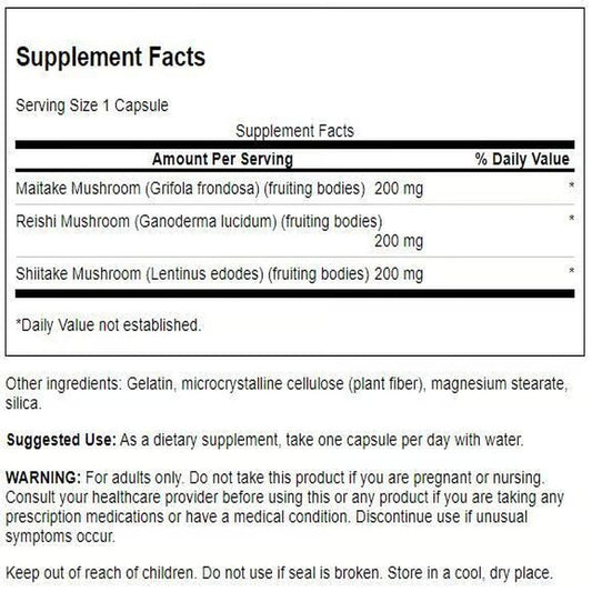 Back view of Swanson Triple Mushroom Complex with supplement facts