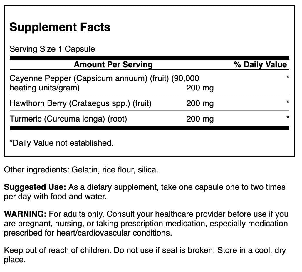 Swanson Full Spectrum Turmeric Hawthorn & Cayenne 60 Capsules - supplement facts label