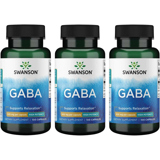 Swanson GABA 500mg 100-capsule bottle front view in 3-pack