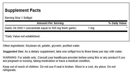 Swanson Garlic Oil packaging - 500 mg equivalent, 250 sgels