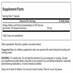 Close-up of Swanson Ginkgo Biloba Extract label displaying 24% Ginkgo and 60 mg