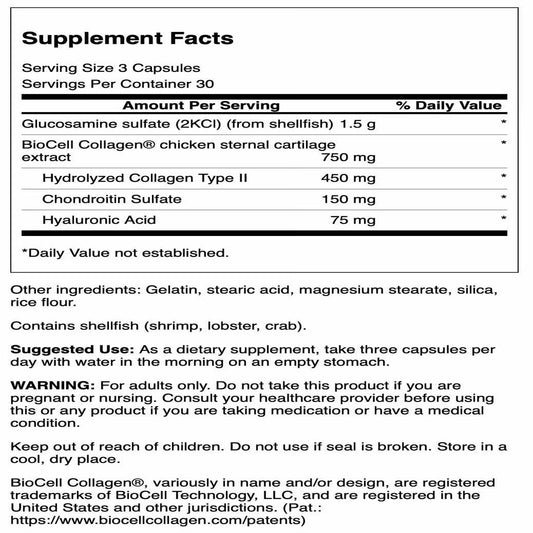 Product bottle for Swanson Glucosamine & Collagen Type II BioCell Collagen 90 Capsules 4 Pack