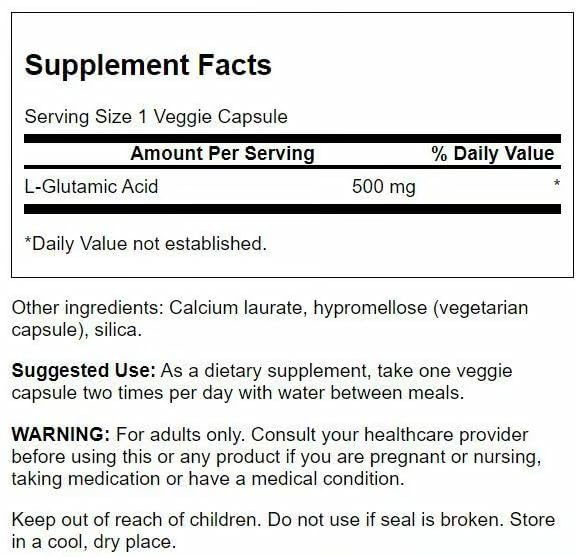 Product label showing Glutamic Acid 500 mg