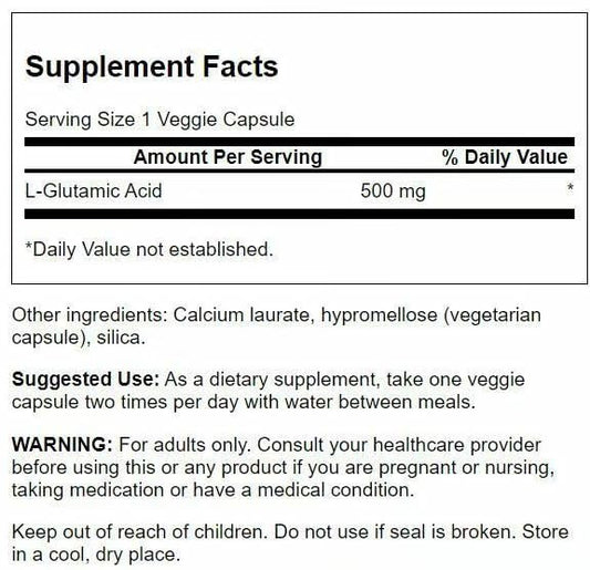 Product label showing Glutamic Acid 500 mg