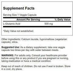 Product label showing Glutamic Acid 500 mg