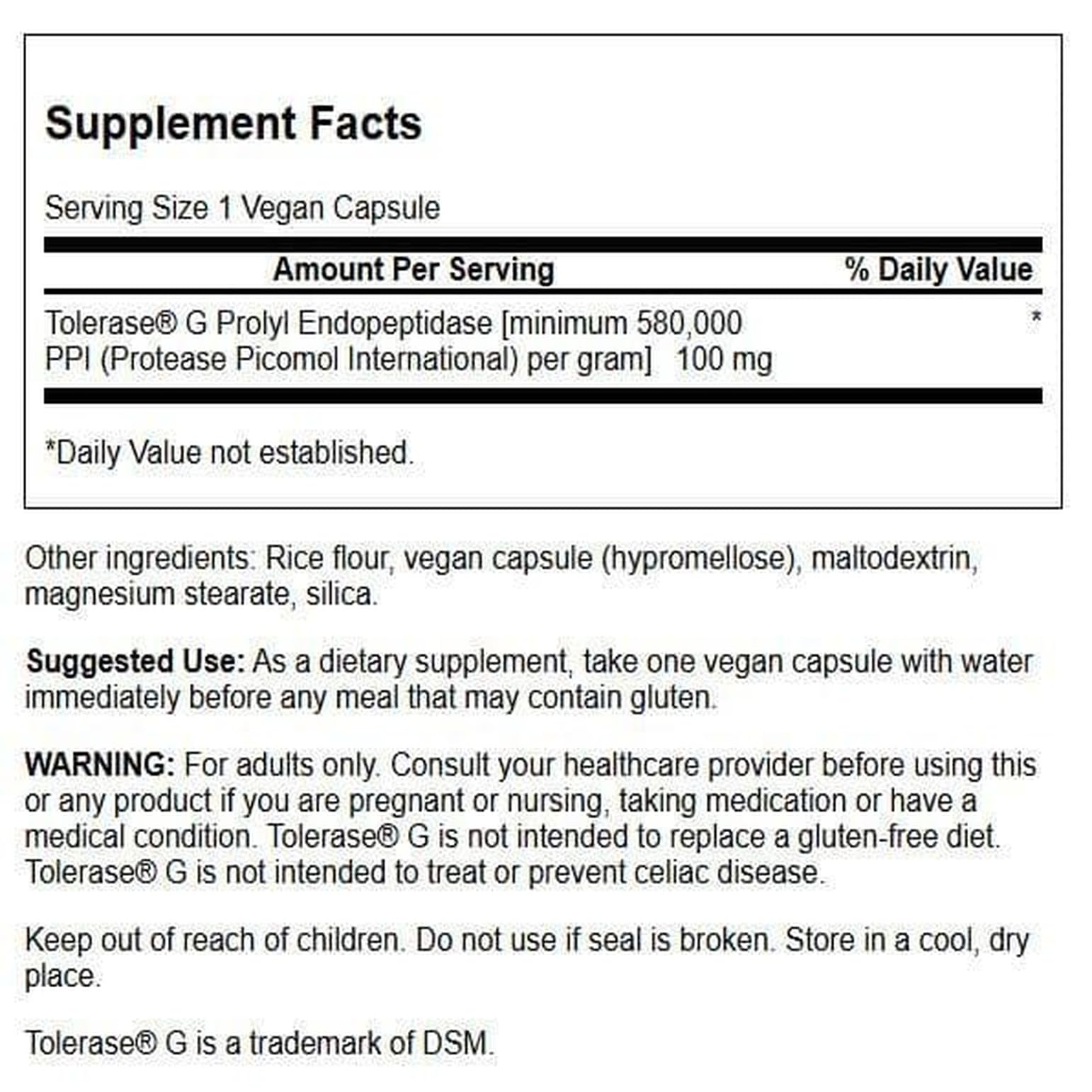 Close-up of Swanson Gluten Rid label featuring Tolerase G
