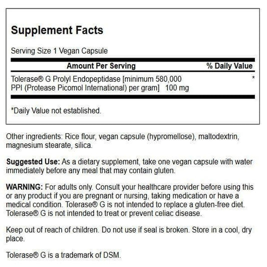 Close-up of Swanson Gluten Rid label featuring Tolerase G
