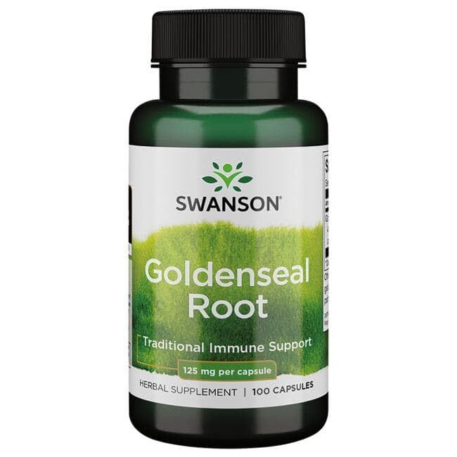Product label and GMP note for Swanson GOLDENSEAL Root 125 mg