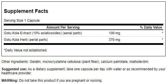 Close-up of Swanson Gotu Kola 100 mg standardized capsules