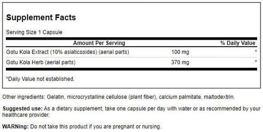 Close-up of Swanson Gotu Kola 100 mg standardized capsules