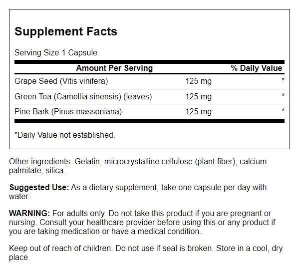 Label close-up of Swanson Grape Seed Green Tea & Pine Bark Complex