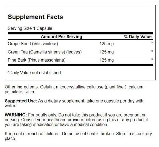 Label close-up of Swanson Grape Seed Green Tea & Pine Bark Complex