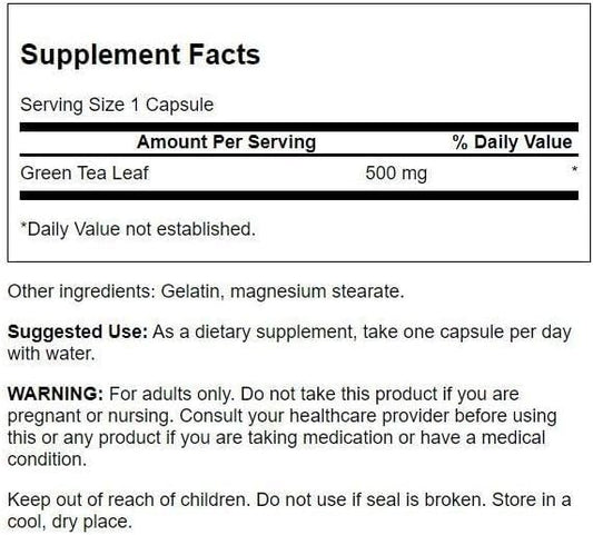 Close-up of Swanson Green Tea Extract supplement capsules with label