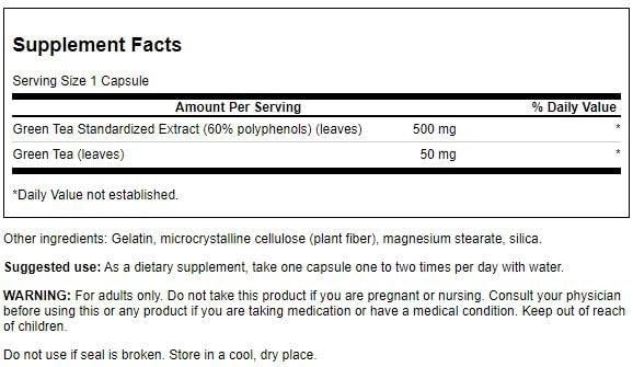 Front view of Swanson Green Tea Extract bottle and packaging