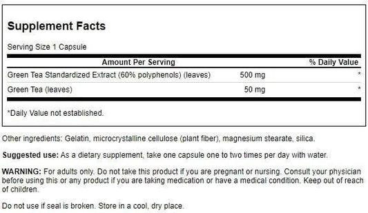 Front view of Swanson Green Tea Extract bottle and packaging