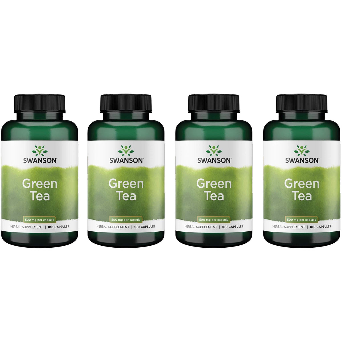 Swanson Green Tea Extract Supplement bottle – 500 mg per capsule, 100 capsules per bottle, 4-pack