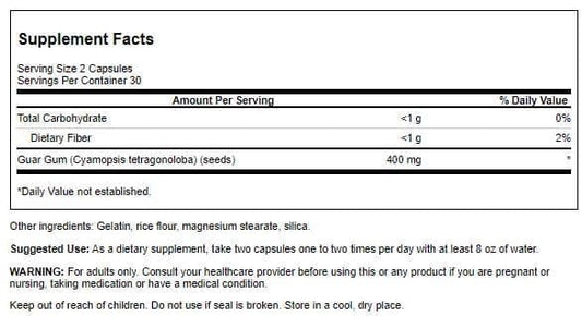 Close-up of Swanson Guar Gum Full Spectrum 400 mg bottle label