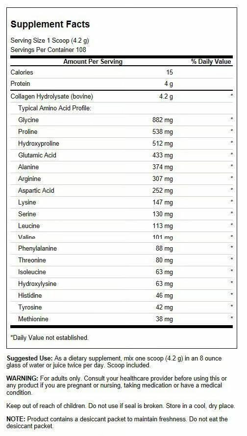 Back of Swanson collagen powder bottle with nutrition label