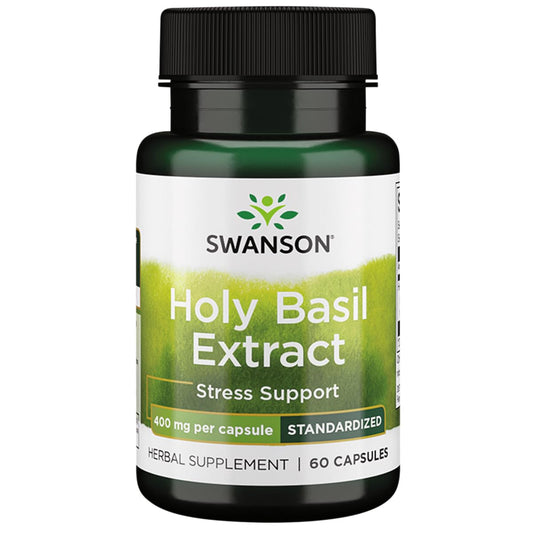 Swanson Holy Basil Extract Tulsi 400 mg bottle label and capsules close-up