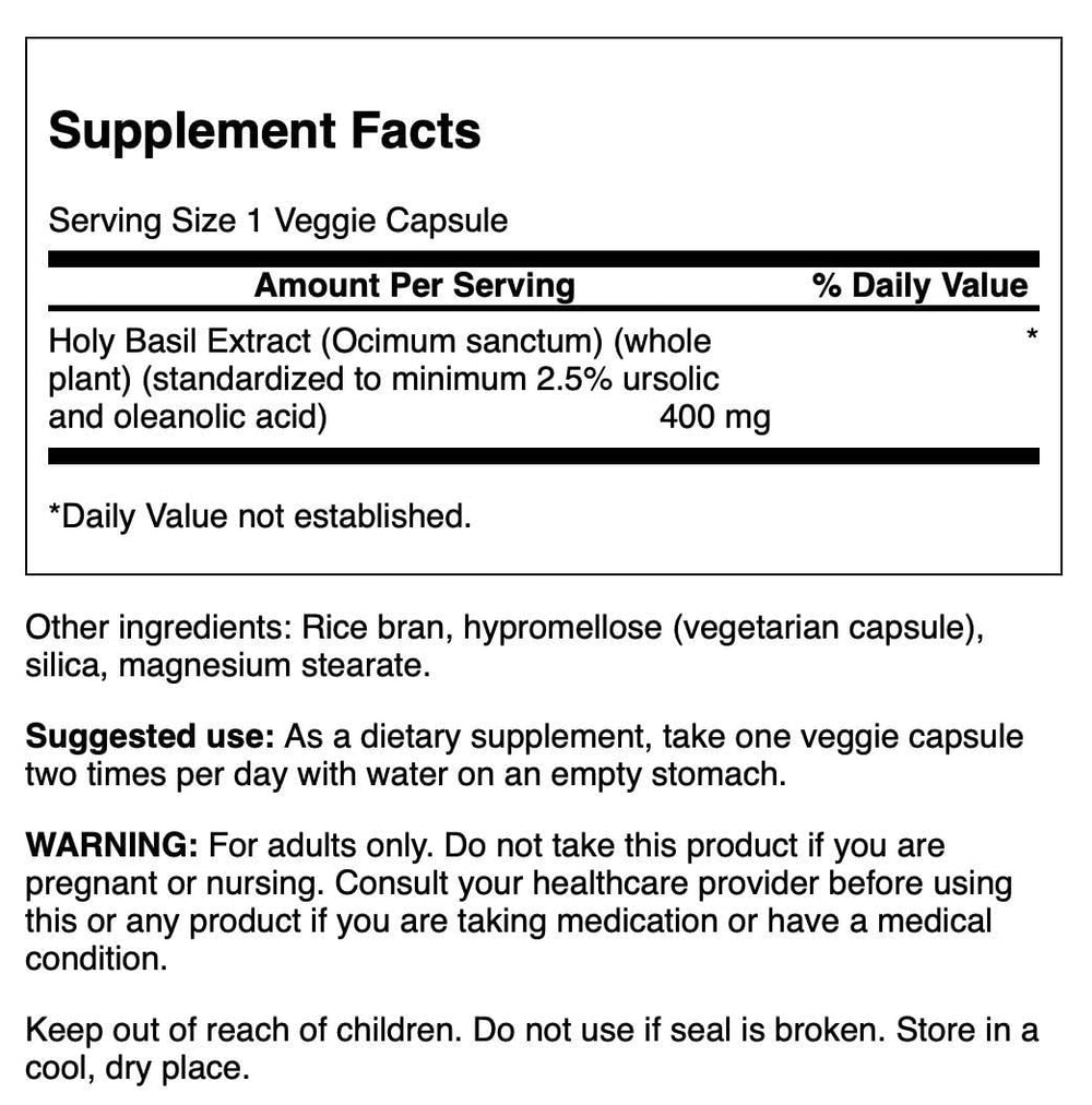 Swanson Holy Basil Tulsi Extract bottle close-up - 60 vegetarian capsules