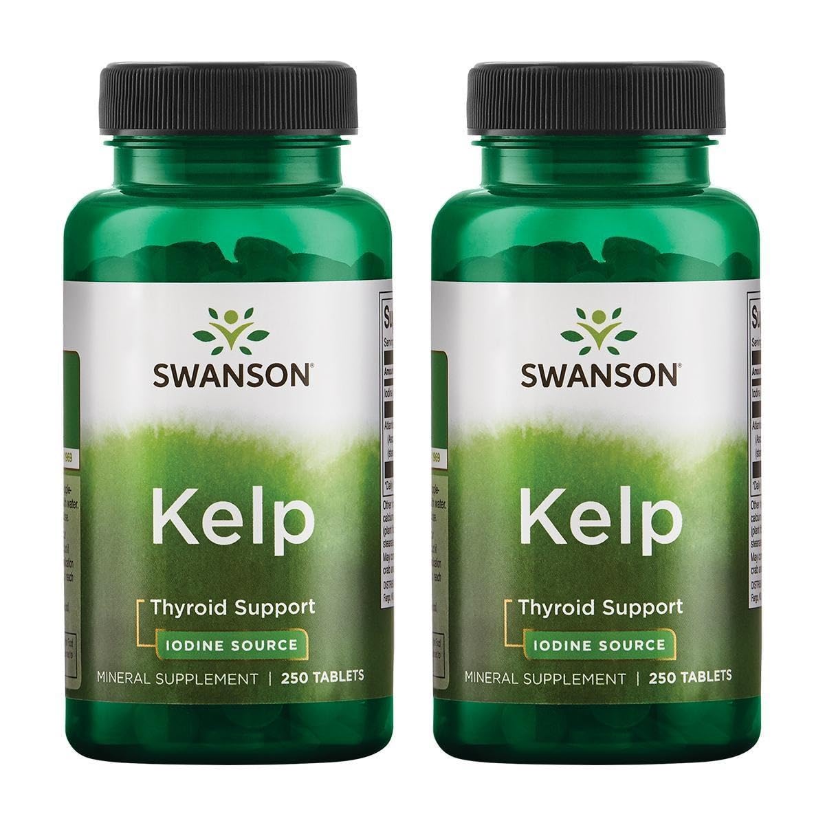 Swanson Kelp bottle with 2-pack, 250 tablets, 225 mcg iodine per tablet for thyroid support