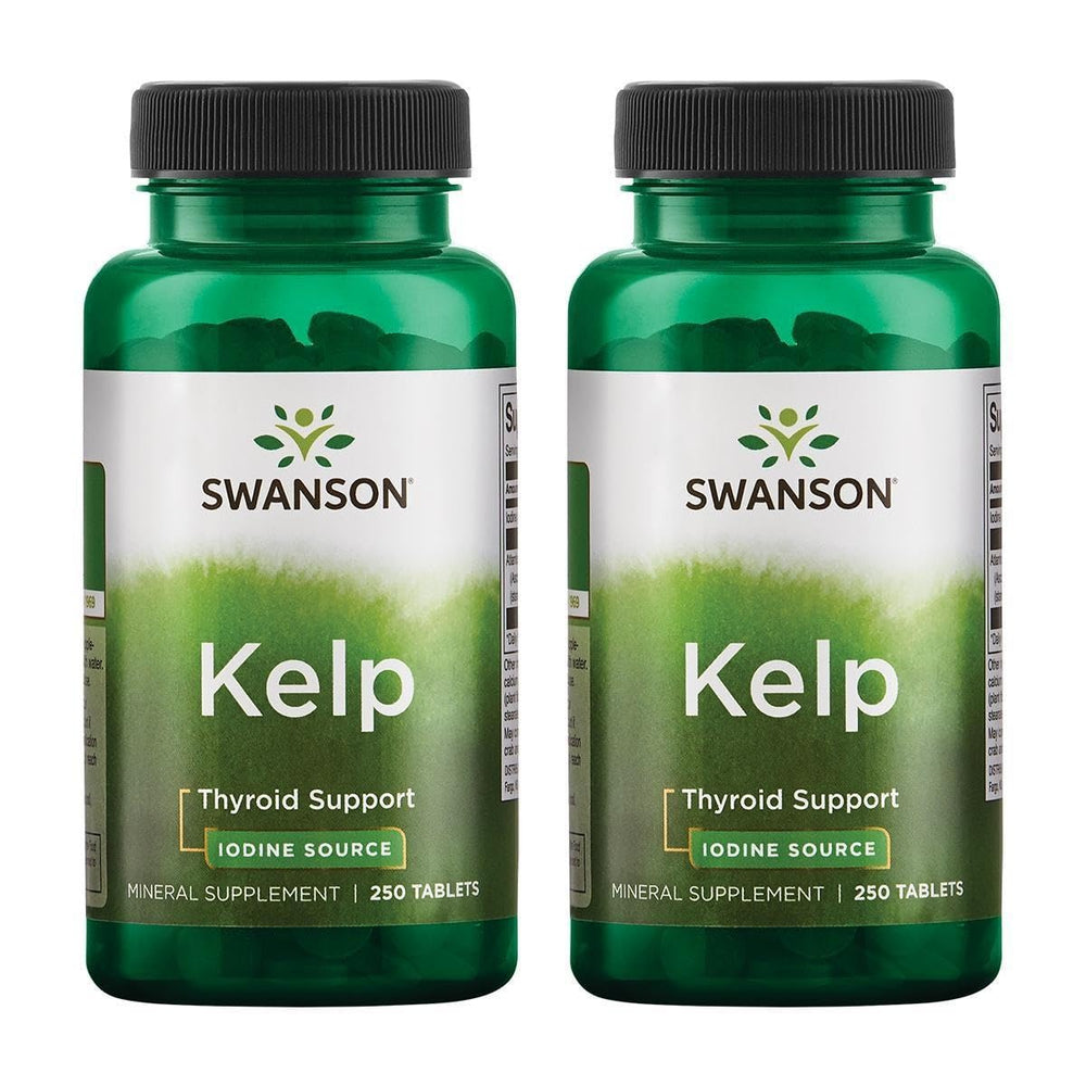 Swanson Kelp bottle with 2-pack, 250 tablets, 225 mcg iodine per tablet for thyroid support