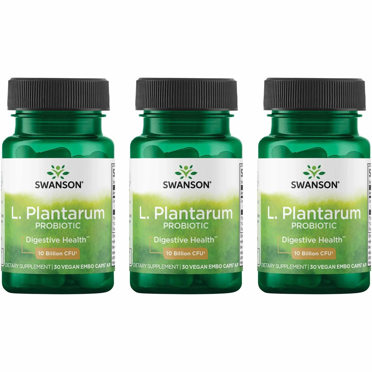 Bottle of Swanson L. Plantarum probiotic with 30 veggie capsules (3-pack).