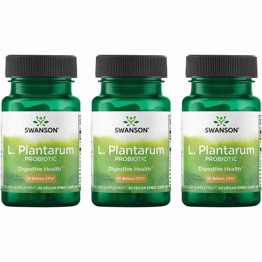 Bottle of Swanson L. Plantarum probiotic with 30 veggie capsules (3-pack).