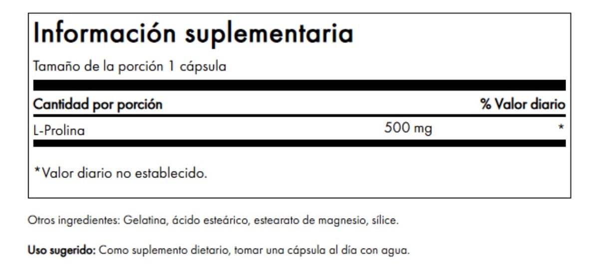 Close-up of Swanson L-Proline 500 mg capsules highlighting collagen and connective tissue support