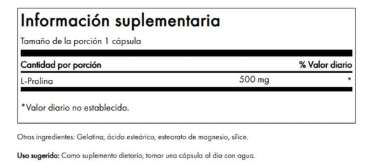 Close-up of Swanson L-Proline 500 mg capsules highlighting collagen and connective tissue support
