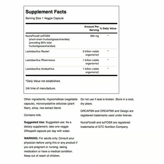 Back label of Swanson Probiotic Plus bottle with ingredients and dosage information