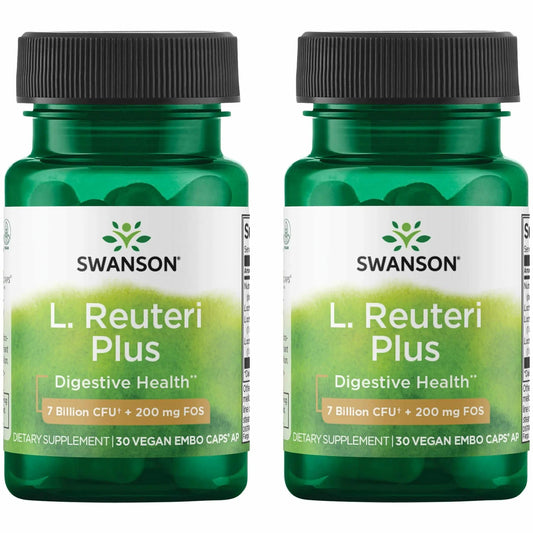 Front view of Swanson L. Reuteri Probiotic Plus bottle with 2-pack of 30 veggie capsules
