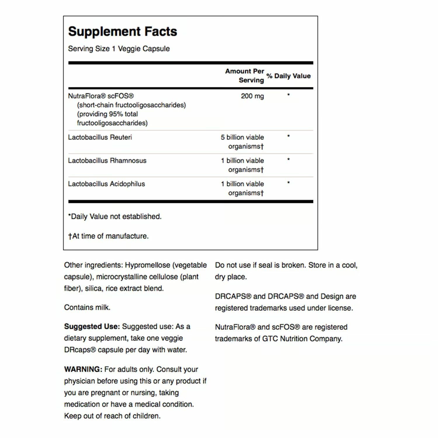 Swanson L Reuteri Probiotic Plus bottle back showing strains and CFU details