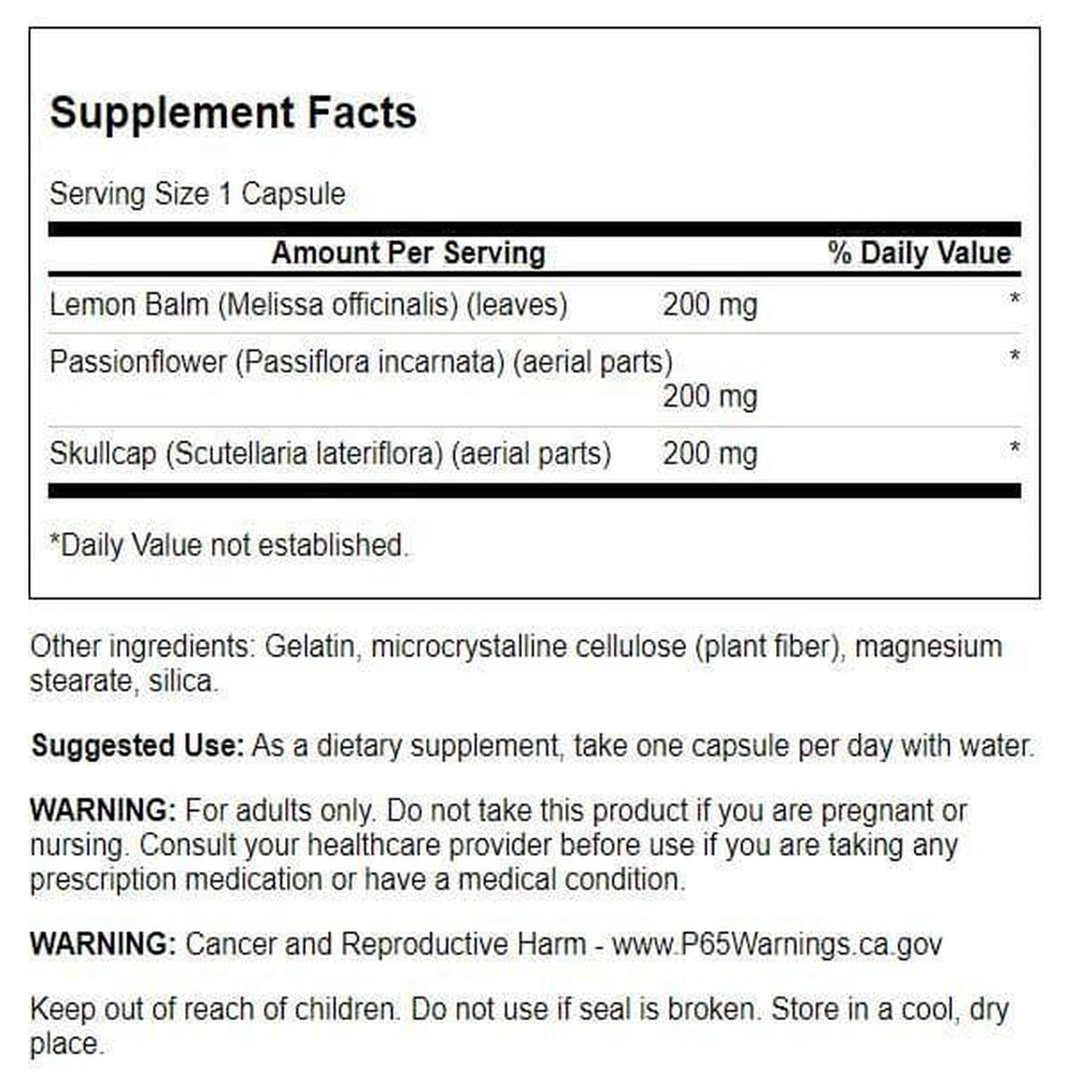 Capsules of Swanson Lemon Balm Passion Flower Skullcap Complex