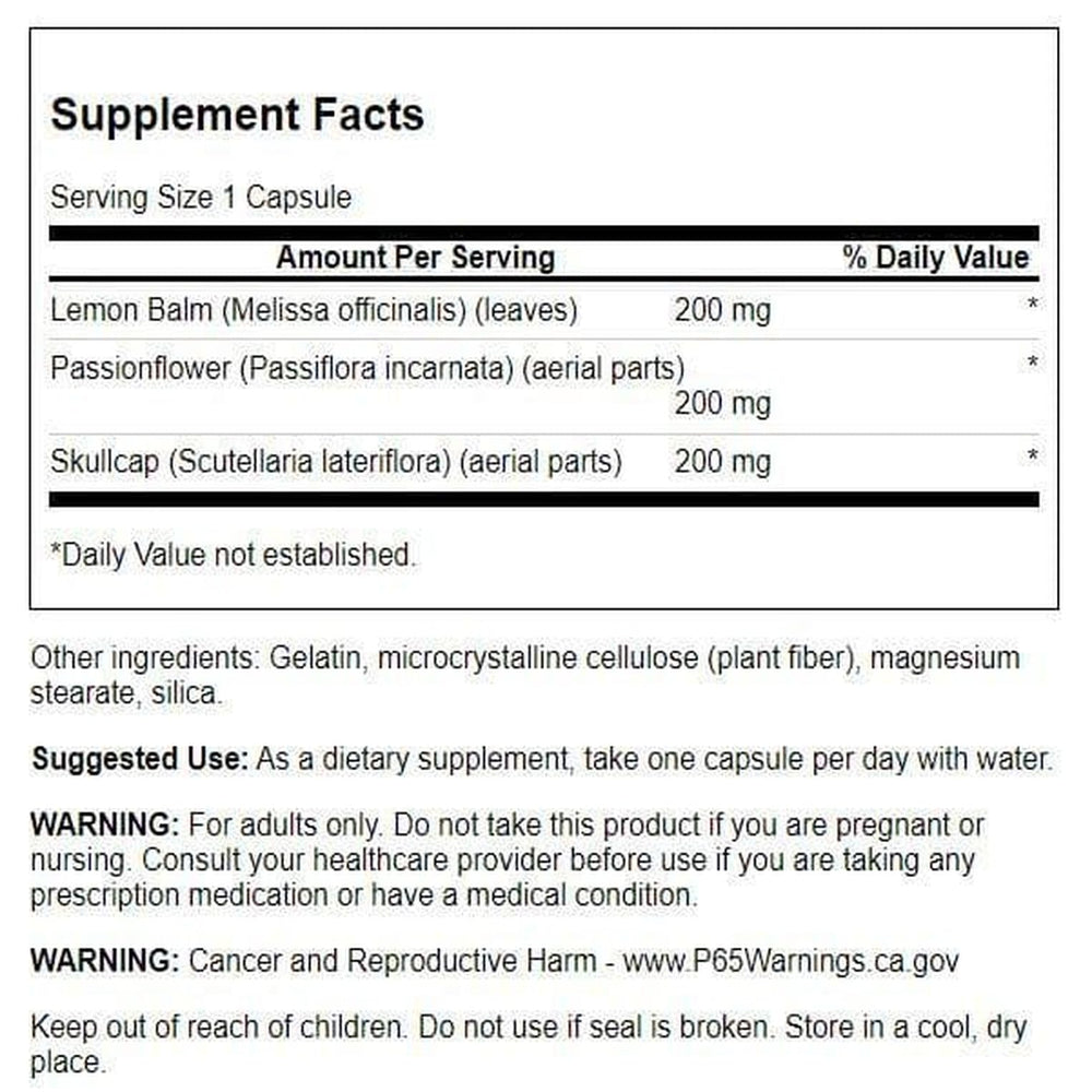 Capsules of Swanson Lemon Balm Passion Flower Skullcap Complex