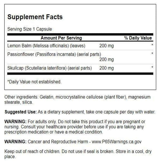 Capsules of Swanson Lemon Balm Passion Flower Skullcap Complex