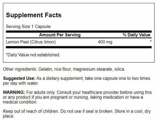 Swanson Lemon Peel 400 Milligrams bottle back with label
