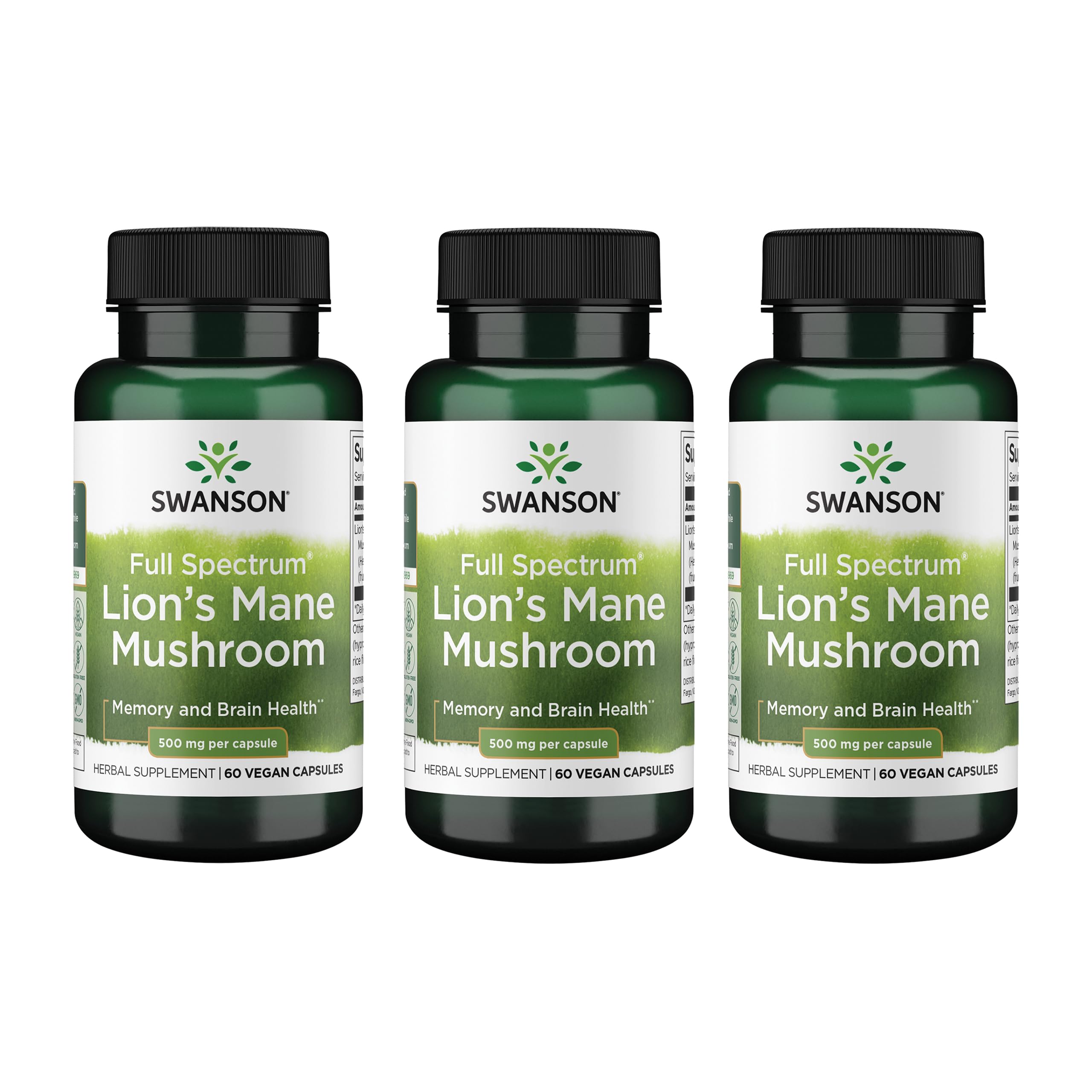 Product front view of Swanson Lion's Mane Mushroom 60 capsules 3-pack