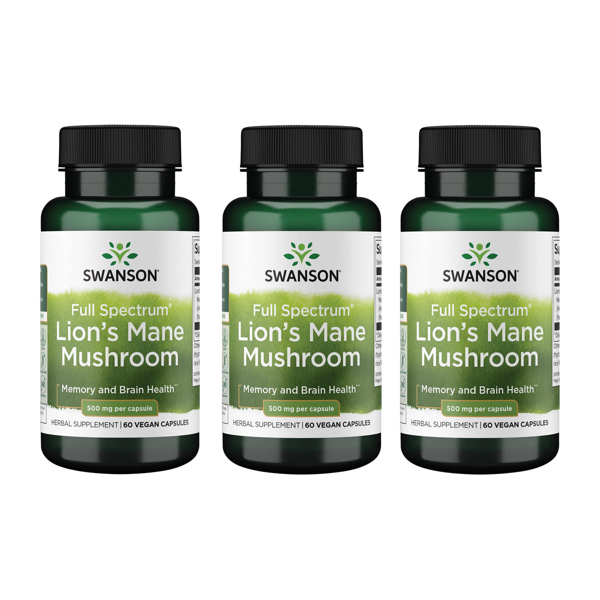 Product front view of Swanson Lion's Mane Mushroom 60 capsules 3-pack