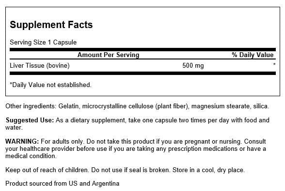Close-up of Swanson Liver Glandular 500 Milligrams capsules