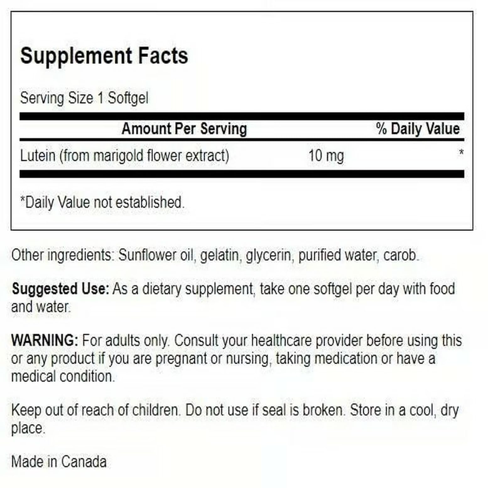 Swanson Lutein 10 mg bottle back label
