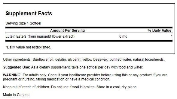 Supplement facts label for Swanson Lutein 6 Milligrams 100 sgels